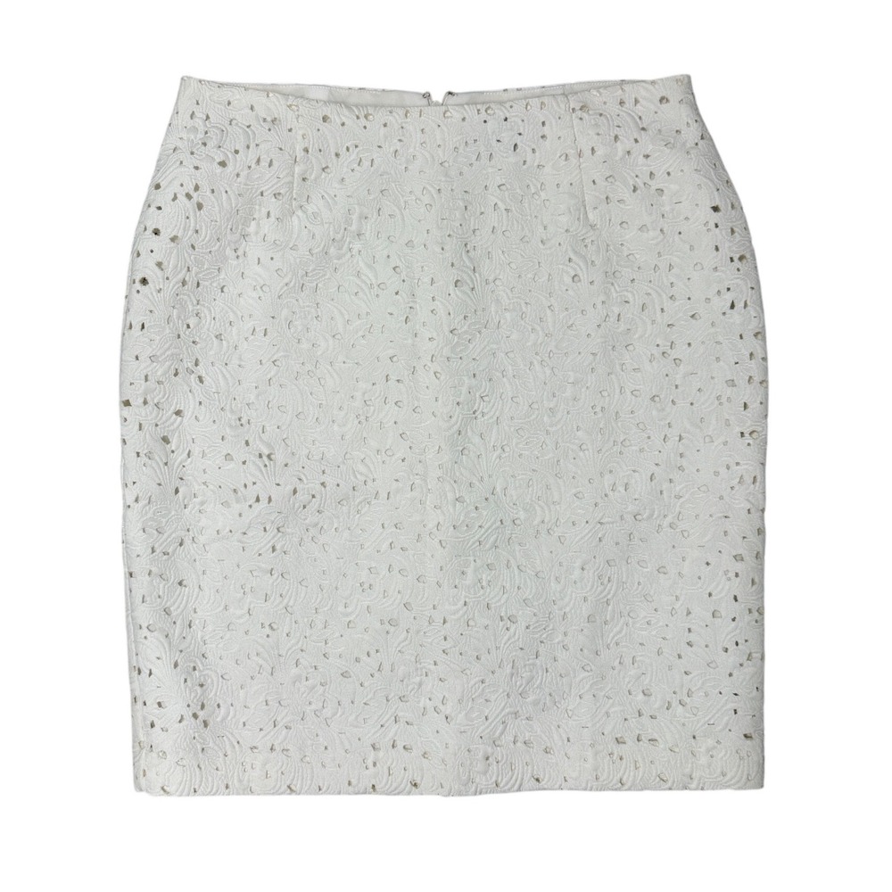 IMAN Pencil Skirt Women 12 White Excellent Eyelet Floral Lace Back Zip Lined